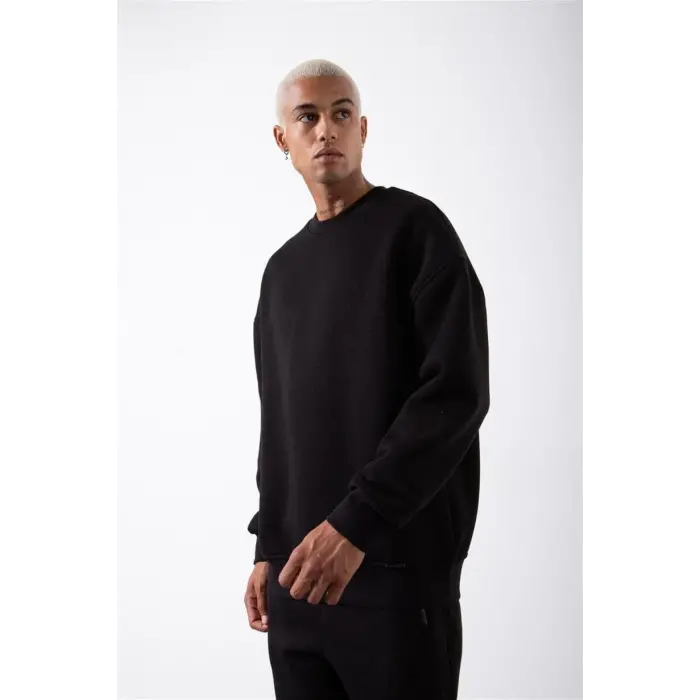 ERKEK Bisikilet Yaka 3 İplik Pamuklu SweatShirt - Siyah