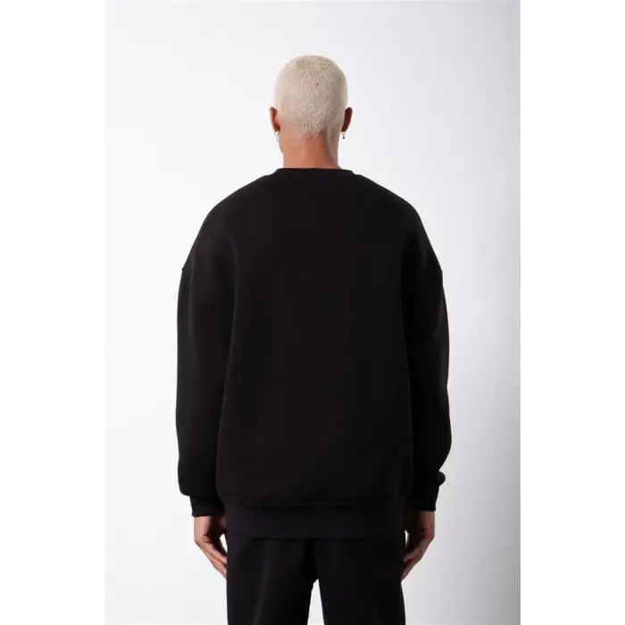 ERKEK Bisikilet Yaka 3 İplik Pamuklu SweatShirt - Siyah