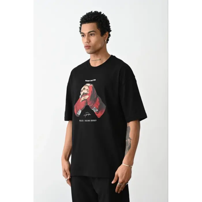 Erkek Boxy Eldiven Baskılı T-Shirt Kısa Kol Bisiklet Yaka Tişört - Siyah