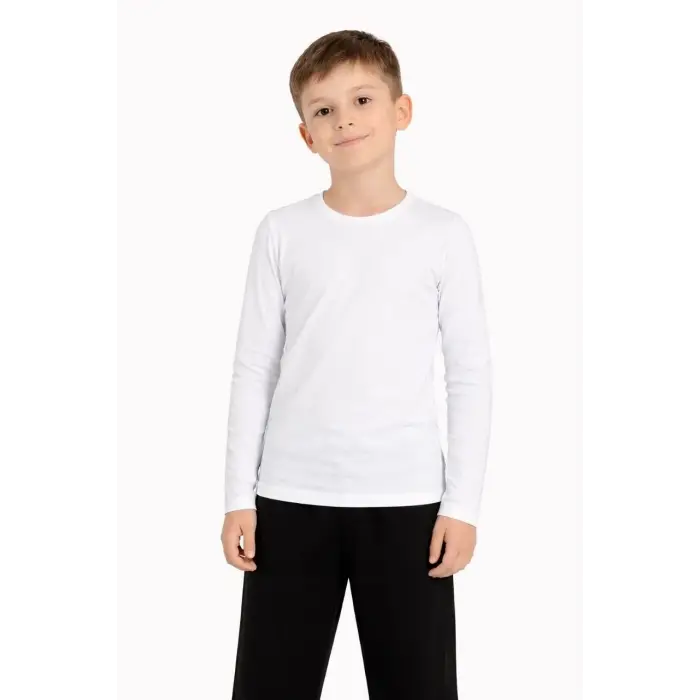 Erkek Çocuk Basic Uzun Kollu Tişört Okul Günlük Rahat T-Shirt - Beyaz