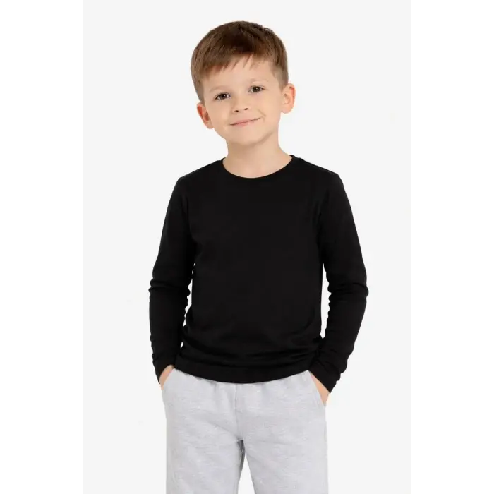 Erkek Çocuk Basic Uzun Kollu Tişört Okul Günlük Rahat T-Shirt - Siyah