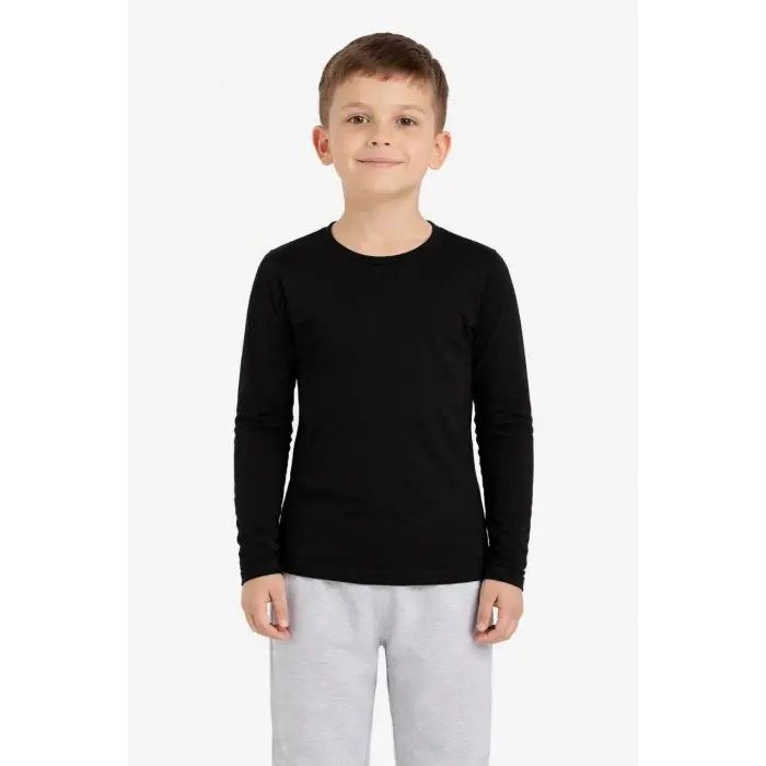Erkek Çocuk Basic Uzun Kollu Tişört Okul Günlük Rahat T-Shirt - Siyah