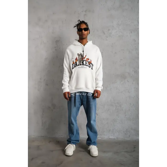 Erkek 3 İplik Pamuklu Kapüşonlu Baskılı Cepli Oversize Sweatshirt Hoodie - Beyaz