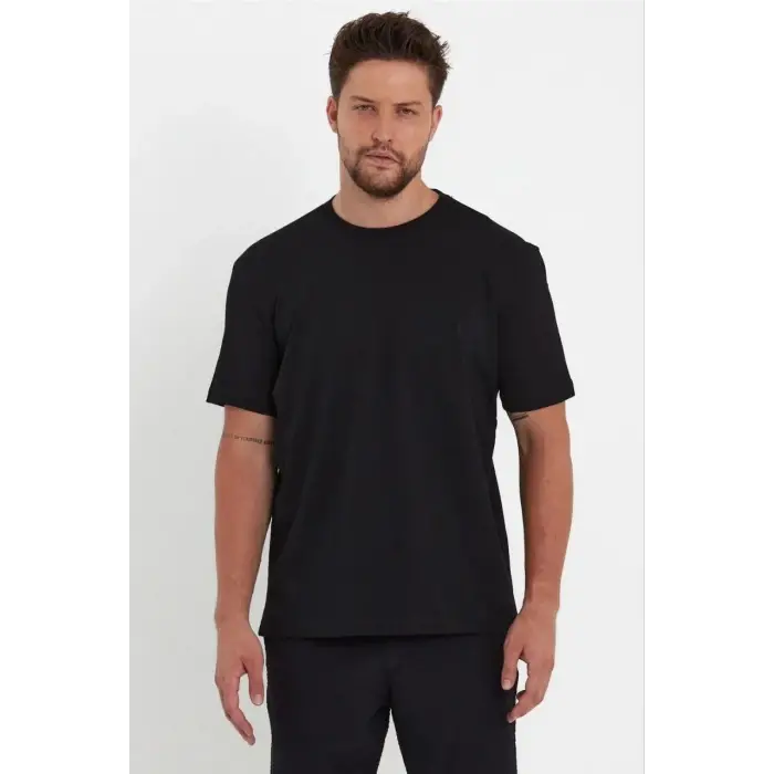 Erkek Düz Penye Tişört Bisiklet Yaka Kısa Kol Regular Fit T-Shirt - Siyah