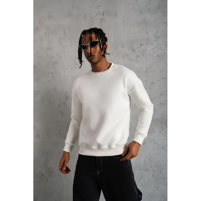 Erkek Düz Bisiklet Yaka 3 iplik pamuklu Sweatshirt - Beyaz