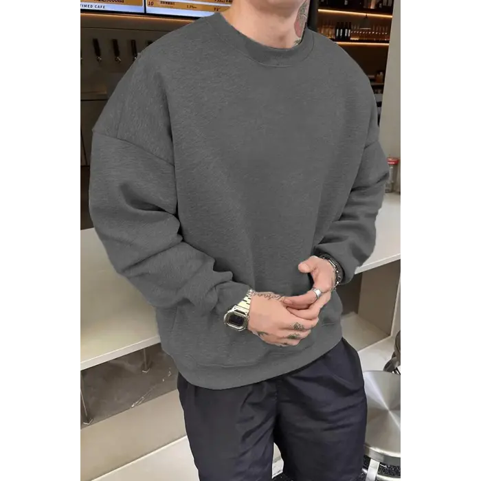 Erkek Düz Bisiklet Yaka 3 iplik pamuklu sweatshirt - Füme
