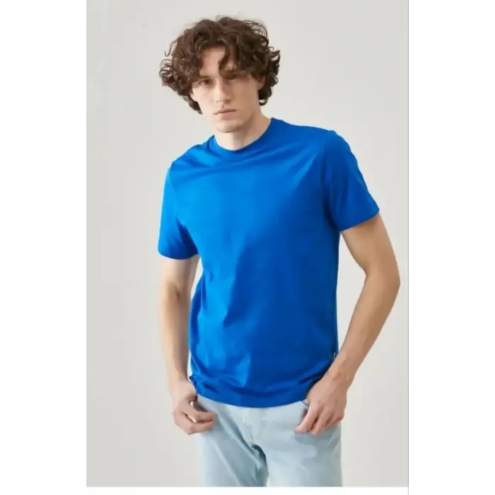 ERKEK Tişört Kısa Kol Düz Bisikilet Yaka Oversize T-shirt - Mavi