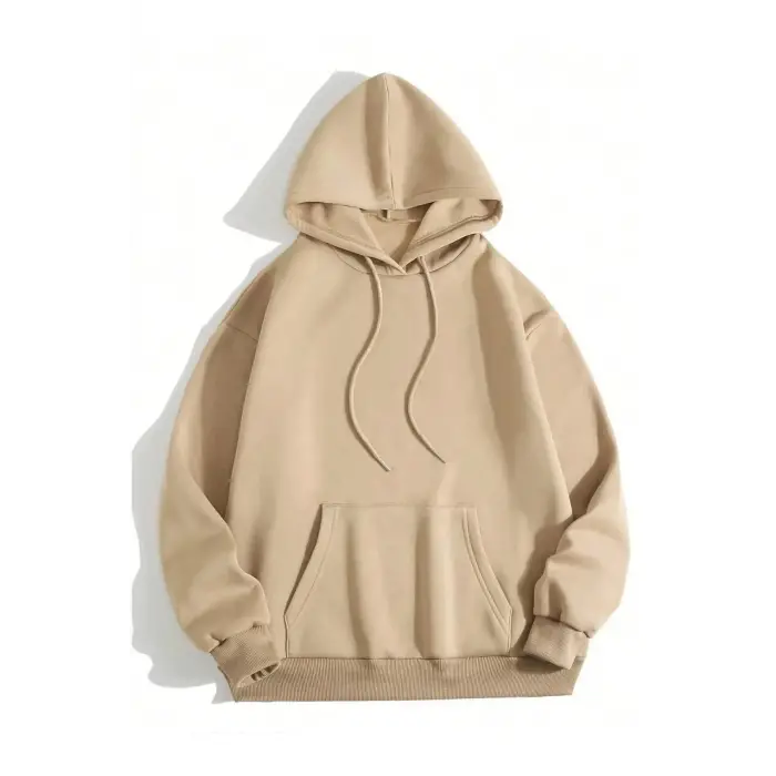 Erkek 3 İplik Pamuklu Kapüşonlu Kanguru Cepli Sweatshirt Hoodie -  Bej