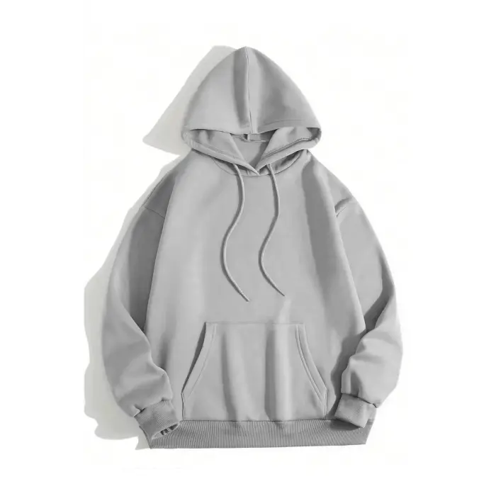 Erkek 3 İplik Pamuklu Kapüşonlu Kanguru Cepli Sweatshirt Hoodie - Boyalı Gri