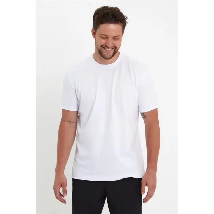 Erkek Düz Penye Tişört Bisiklet Yaka Kısa Kol Regular Fit T-Shirt - Beyaz