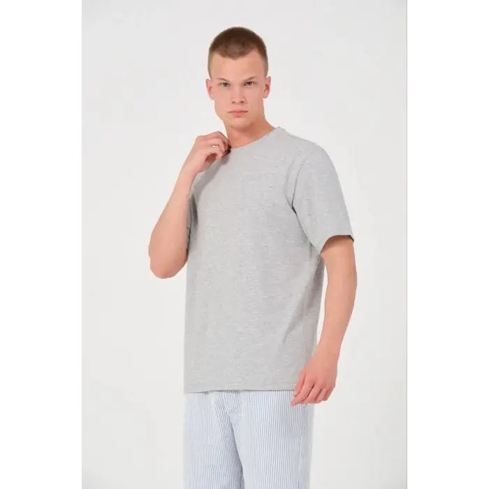 Erkek Düz Penye Tişört Bisiklet Yaka Kısa Kol Regular Fit T-Shirt - Gri