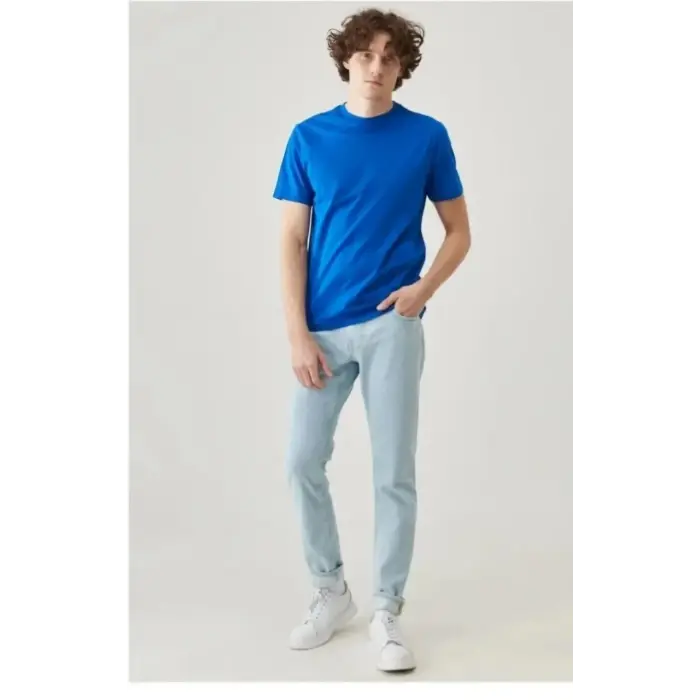 Erkek Düz Penye Tişört Bisiklet Yaka Kısa Kol Regular Fit T-Shirt - Mavi