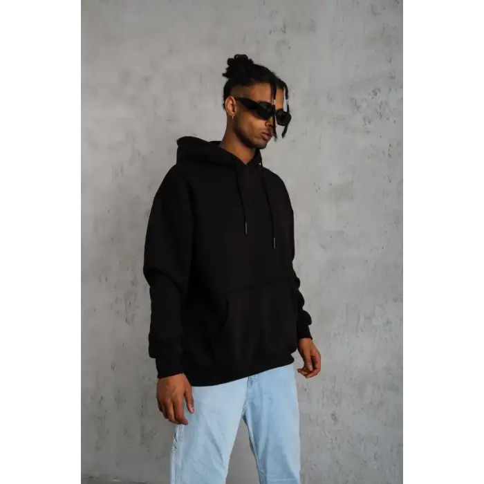 Erkek 3 İplik Pamuklu Kapüşonlu Kanguru Cepli Sweatshirt Hoodie -  Siyah