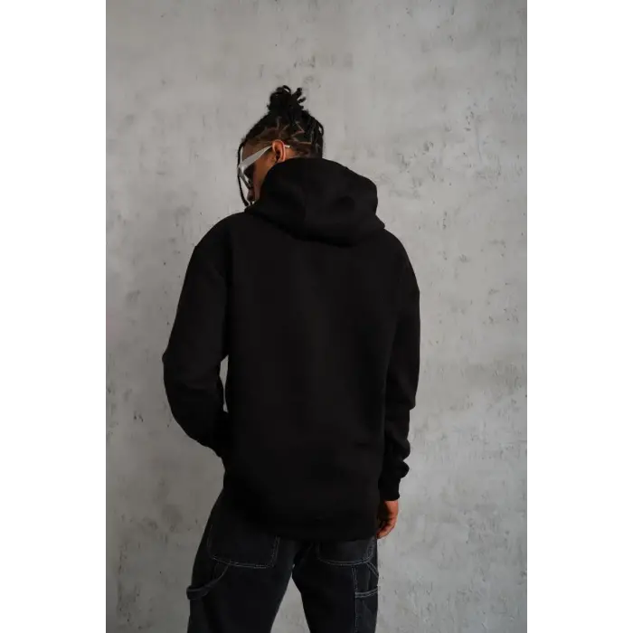 Erkek 3 İplik Pamuklu Kapüşonlu Kanguru Cepli Sweatshirt Hoodie -  Siyah