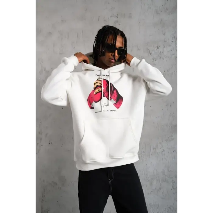 Erkek Kapüşonlu Cepli Boks Eldiven Baskılı 3 İplik Sweatshirt Hoodie - Beyaz