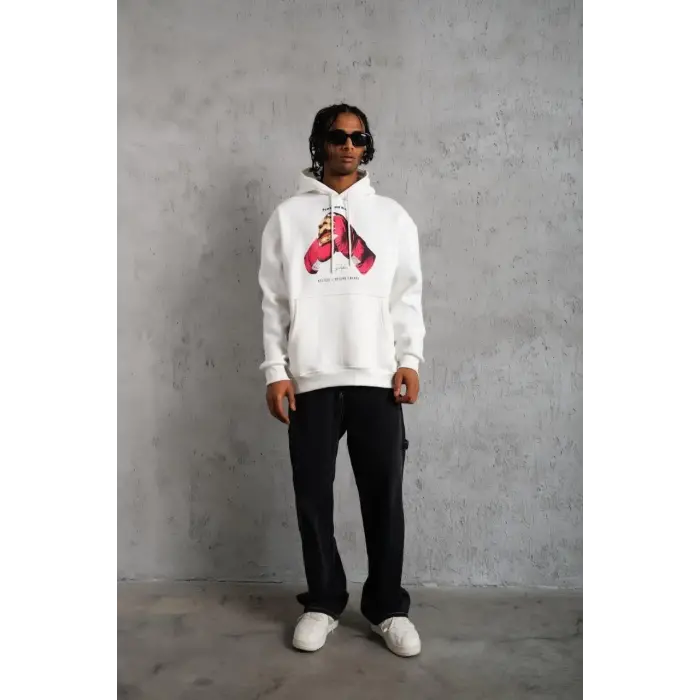 Erkek Kapüşonlu Cepli Boks Eldiven Baskılı 3 İplik Sweatshirt Hoodie - Beyaz
