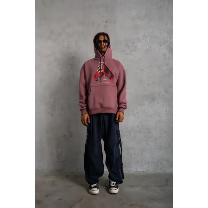 Erkek Kapüşonlu Cepli Box Eldiven Baskılı 3 İplik Sweatshirt Hoodie - Gül Kurusu