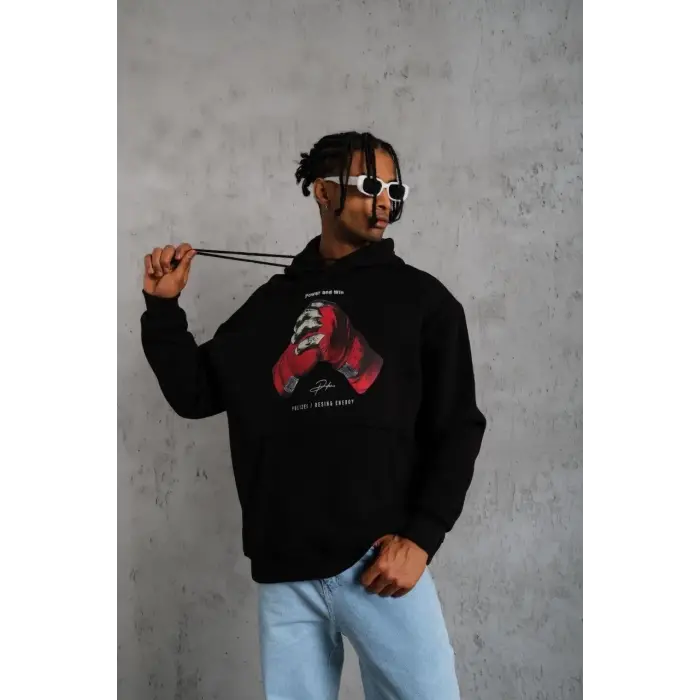 Erkek Kapüşonlu Cepli Box Eldiven Baskılı 3 İplik Sweatshirt Hoodie - Siyah