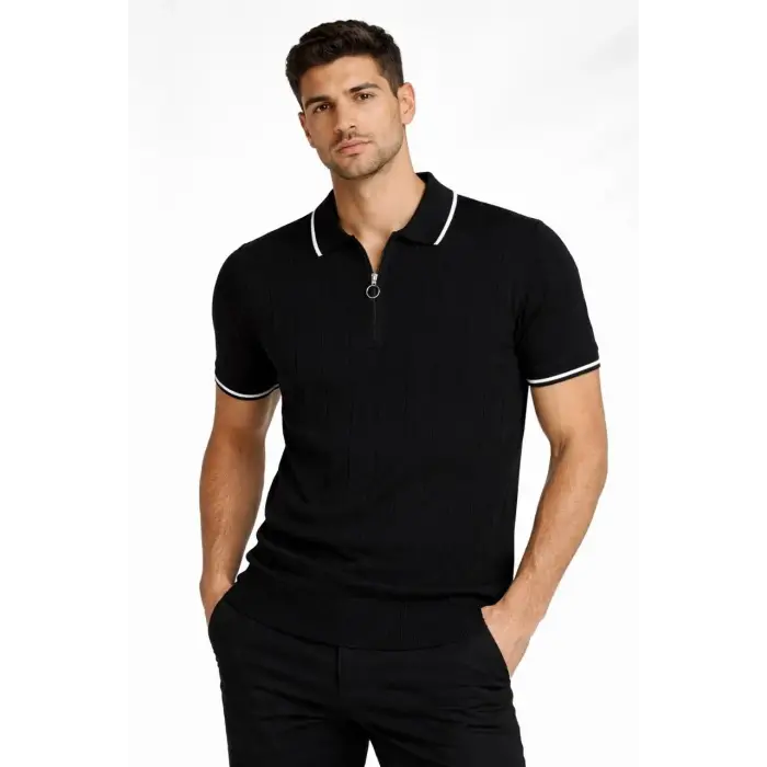Erkek Yazlık Dokuma Triko Tişört Fermuarlı Polo Yaka Kısa Kol T-Shirt - Siyah
