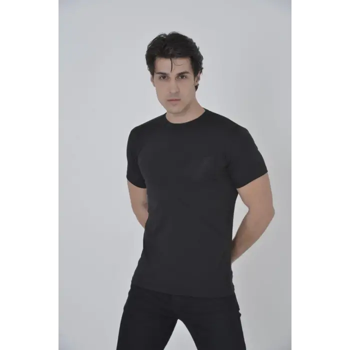 Erkek File Çepli  T-Shirt Kısa Kol Bisiklet Yaka Slimfit Tişört - Siyah