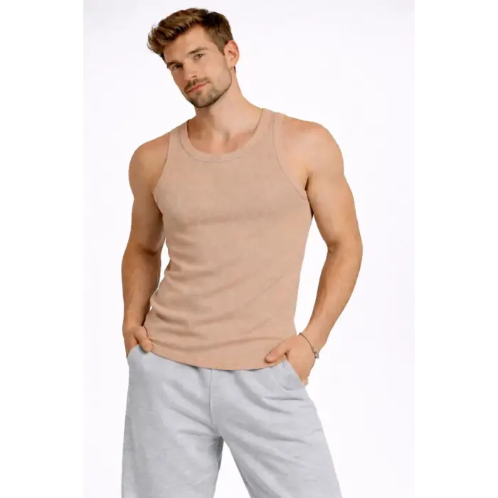 Erkek Fitilli Atlet Sıfır Yaka Slim Fit Arka Baskılı Spor Atlet - Bej