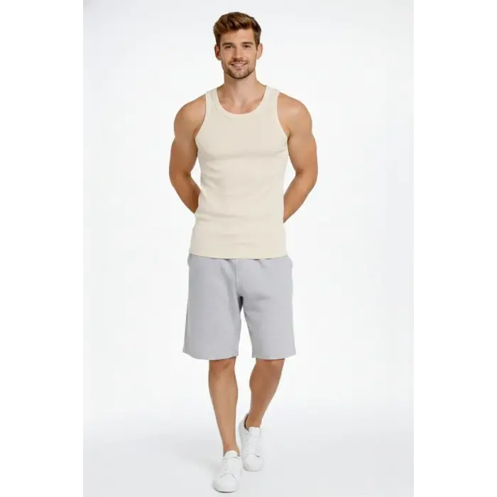 Erkek Fitilli Atlet Sıfır Yaka Slim Fit Arka Baskılı Spor Atlet - Krem