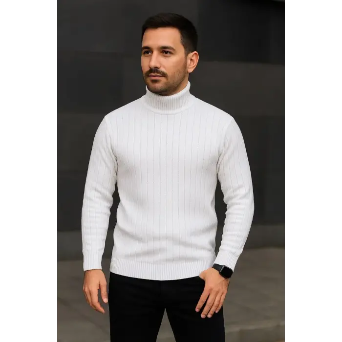 Erkek Fitilli Kazak Tam Boğazlı Balıkçı Yaka Triko 2li Set Beyaz-Siyah