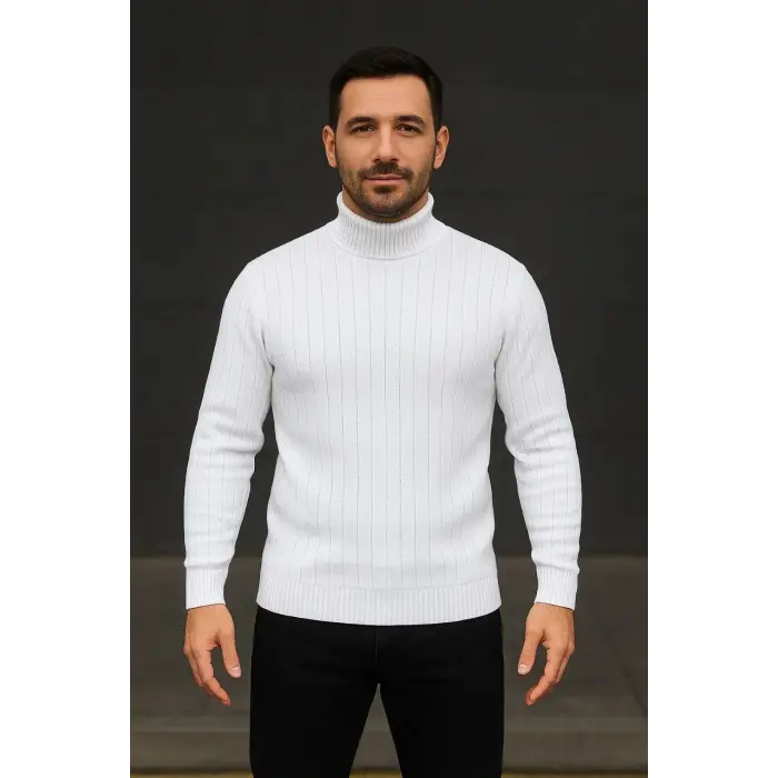 Erkek Fitilli Kazak Tam Boğazlı Balıkçı Yaka Triko 3lü Set Beyaz-Gri-Siyah