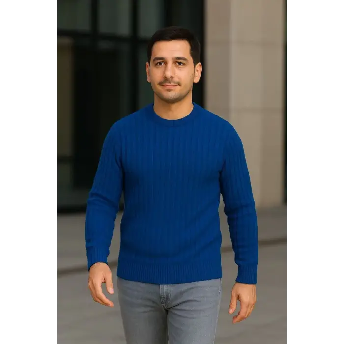 Erkek Fitilli Triko Bisiklet Yaka Kalın Kazak 3lü Set Beyaz-Saks Mavisi-Siyah