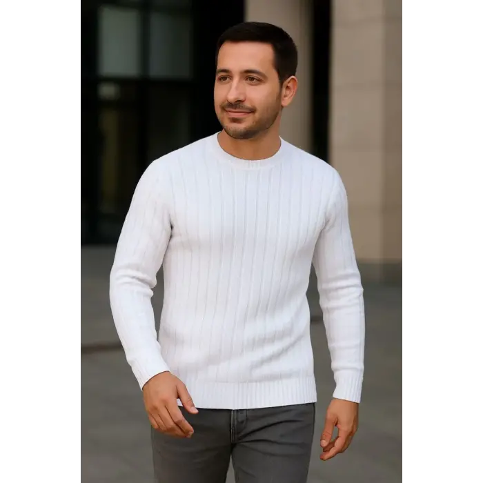 Erkek Fitilli Triko Bisiklet Yaka Kalın Kazak 3lü Set Beyaz-Saks Mavisi-Siyah