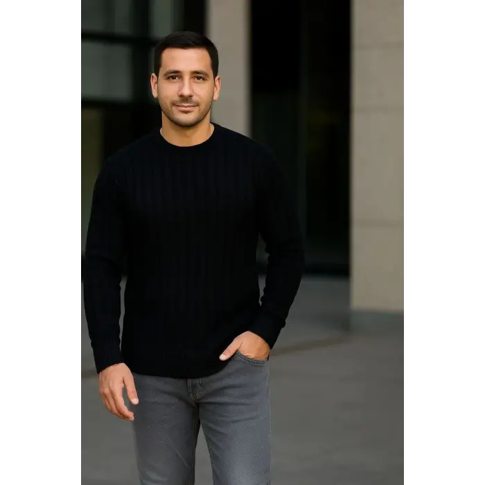Erkek Fitilli Triko Bisiklet Yaka Kalın Kazak 3lü Set Beyaz-Saks Mavisi-Siyah