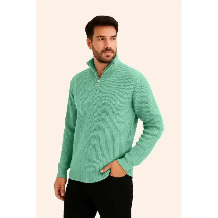 Erkek Fitilli Triko Kazak 2’li Set Mint Yeşili Siyah Kalın Dokuma Pamuklu Regular Fit V