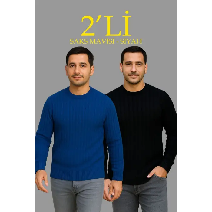 Erkek Fitilli Triko Kazak 2’li Set Siyah Saks Mavisi Kalın Dokuma Pamuklu Regular Fit