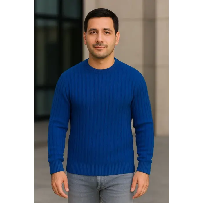 Erkek Fitilli Triko Kazak 2’li Set Siyah Saks Mavisi Kalın Dokuma Pamuklu Regular Fit