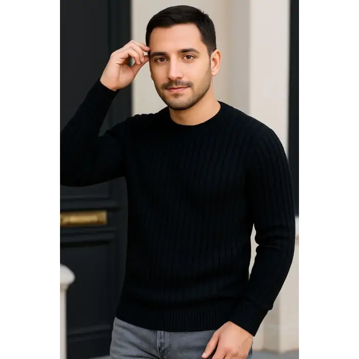 Erkek Fitilli Triko Kazak 2’li Set Siyah Saks Mavisi Kalın Dokuma Pamuklu Regular Fit