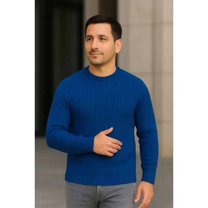 Erkek Fitilli Triko Kazak 2’li Set Siyah Saks Mavisi Kalın Dokuma Pamuklu Regular Fit