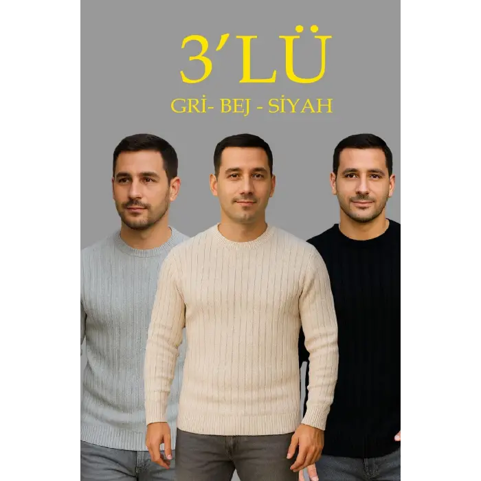 Erkek Fitilli Triko Kazak 3lü Set Bej Gri Siyah Bisiklet Yaka Regular Fit