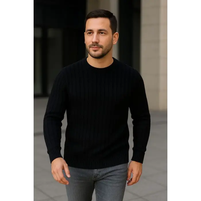 Erkek Fitilli Triko Kazak 3lü Set Bej Gri Siyah Bisiklet Yaka Regular Fit