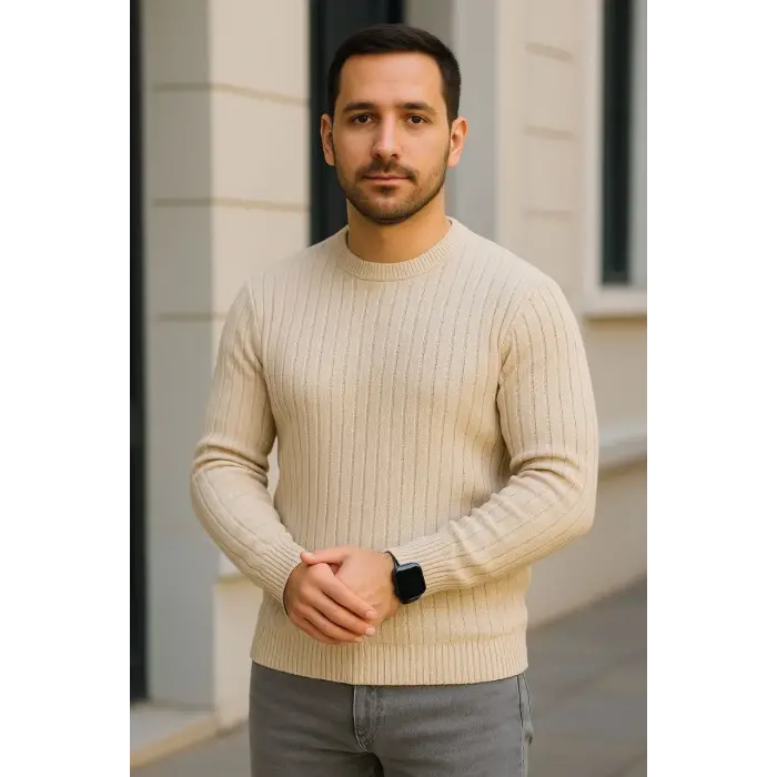 Erkek Fitilli Triko Kazak 3lü Set Bej Gri Siyah Bisiklet Yaka Regular Fit