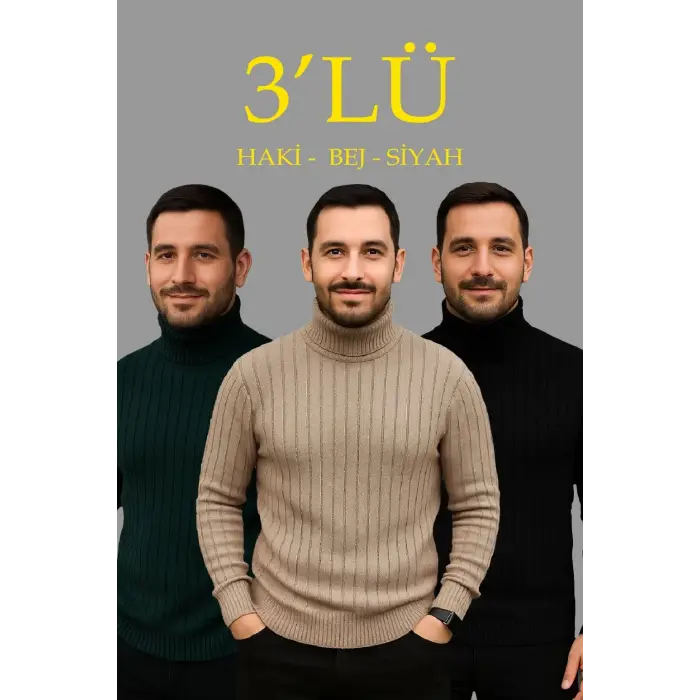 Erkek Fitilli Kazak Tam Boğazlı Balıkçı Yaka Triko 3lü Set  Bej-Haki-Siyah