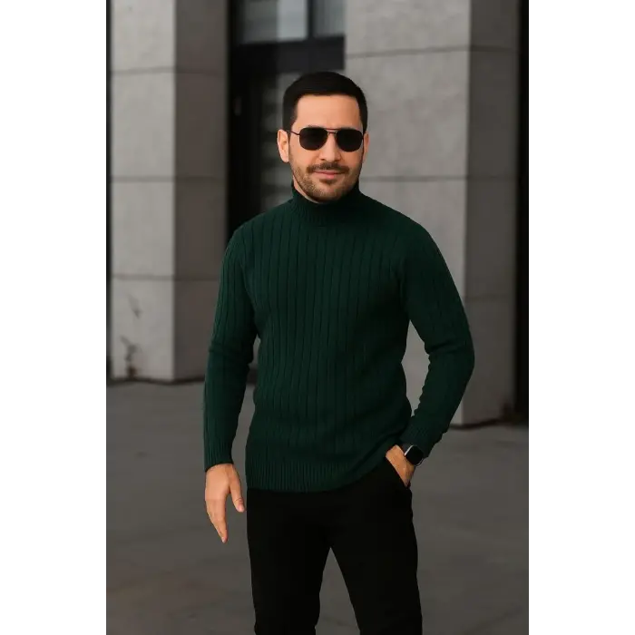 Erkek Fitilli Kazak Tam Boğazlı Balıkçı Yaka Triko 3lü Set  Bej-Haki-Siyah