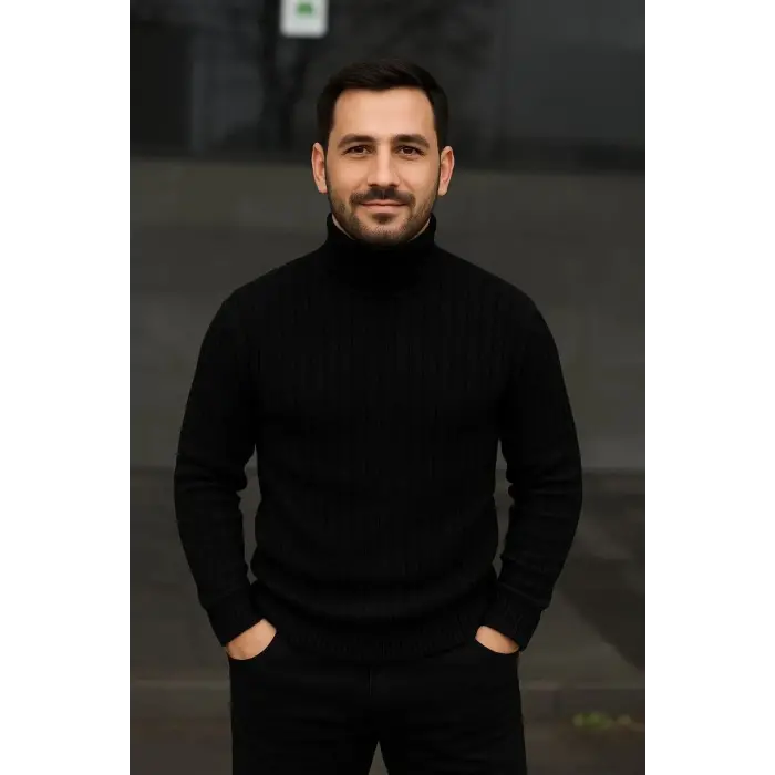 Erkek Fitilli Kazak Tam Boğazlı Balıkçı Yaka Triko 3lü Set  Gri-Haki-Siyah