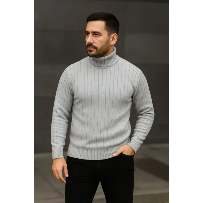 Erkek Fitilli Kazak Tam Boğazlı Balıkçı Yaka Triko 3lü Set  Gri-Haki-Siyah