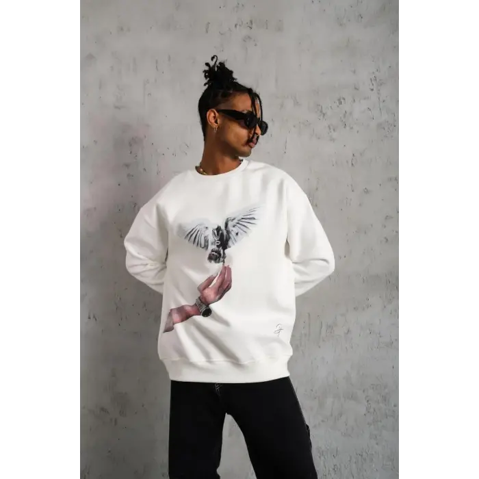 Erkek Güvercin Baskılı 3 iplik pamuklu Bisiklet Yaka Sweatshirt - Beyaz