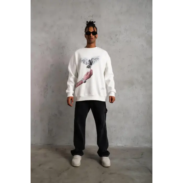 Erkek Güvercin Baskılı 3 iplik pamuklu Bisiklet Yaka Sweatshirt - Beyaz