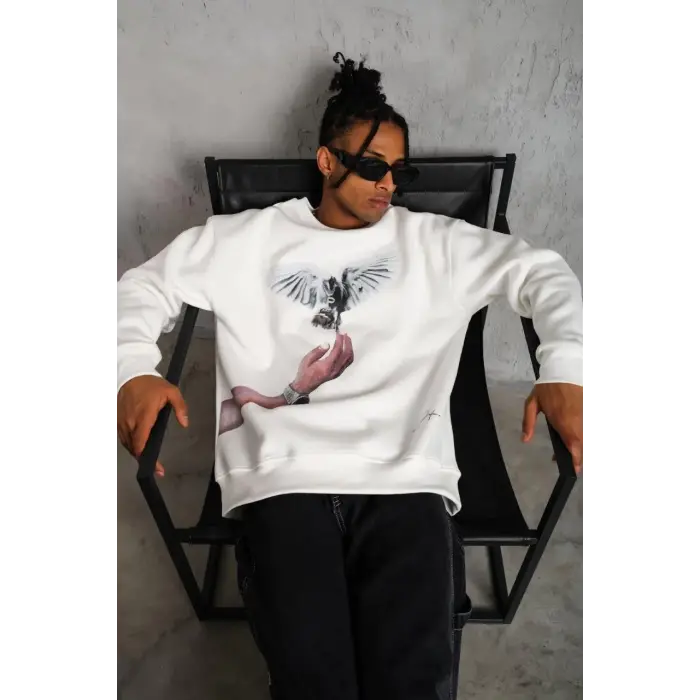 Erkek Güvercin Baskılı 3 iplik pamuklu Bisiklet Yaka Sweatshirt - Beyaz