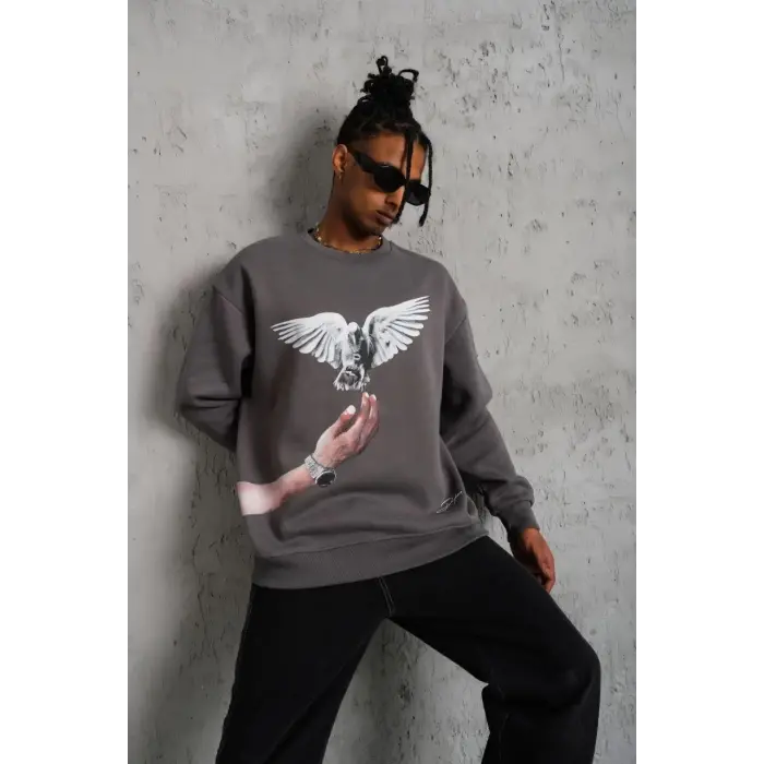 Erkek Güvercin Baskılı 3 iplik pamuklu Bisiklet Yaka Sweatshirt - Gri