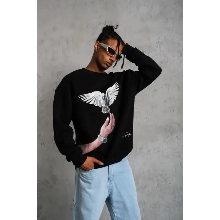 Erkek Güvercin Baskılı 3 iplik Bisiklet Yaka ipamuklu Sweatshirt - Siyah