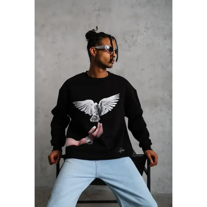 Erkek Güvercin Baskılı 3 iplik Bisiklet Yaka ipamuklu Sweatshirt - Siyah