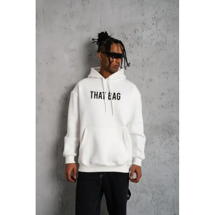 Erkek 3 İplik Pamuklu Kapüşonlu Baskılı Cepli Oversize Sweatshirt Hoodie - Beyaz